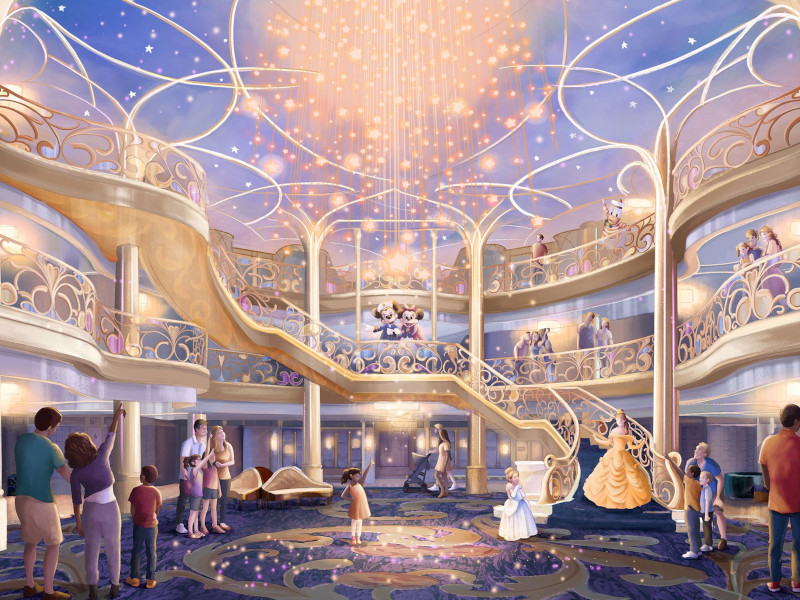 Artist's rendition of the lobby of the Disney Wish cruise ship