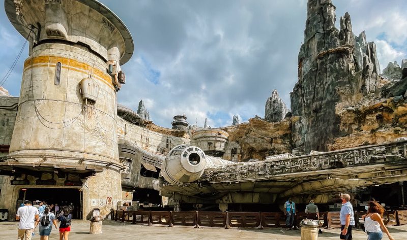 The exterior of the Smuggler's Run ride, and the Millennium Falcon at Disney's Galaxy's Edge